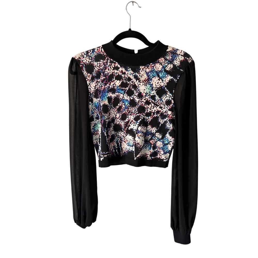 bebe 90s Black Paint Patterned Mesh Sleeves Mock Neck Cropped Top M